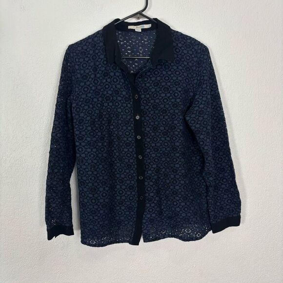 Boden Women's Blue Eyelet Cutout Collared Button Front Long Sleeve Blouse Top Si - Picture 1 of 8